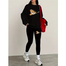 Kadın Siyah Tayt - Sweatshirt Takım 2'li Kombin Oversize Salaş Boyfriend