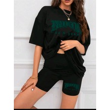 Kadın New York Baskılı Tayt-T-Shirt Takım Oversize Salaş Boyfriend