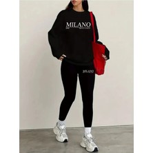 Kadın Baskılı Siyah Tayt - Sweatshirt Takım 2'li Kombin Oversize Salaş Boyfriend