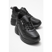 Kadın Fermuarlı Bağcıklı Spor Ayakkabı; Siyah Mat