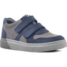 Rakerplus Hakiki Deri Cırtlı Erkek Çocuk Sneaker Ayakkabı Lacivert Gri Düz Taban