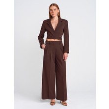 Kadın Yüksek Bel Ayarlanabilir Palazzo Kumaş Pantolon Kahverengi