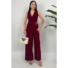 Dolcha Kadın Kemer Detaylı Askılı Bol Paça Bordo Tulum Pamuk Polyester Yazlık Kombin