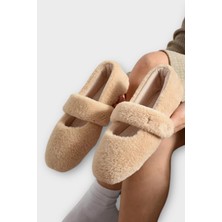 Tüylü Tek Kemer Cırtlı Panduf Kadın Ev Babeti Bej