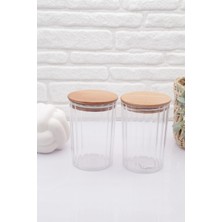 Şeffaf Oval Kavanoz, Ahşap Kapak, Dekoratif, Çizgili, 800ML, 2'li Set