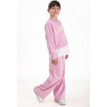 Toz Pembe London Yazılı Nakışlı Kız Çocuk Geniş Paça Eşofman Takımı 22726