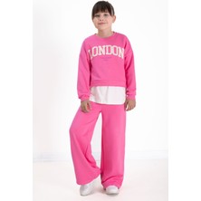 Pembe London Yazılı Nakışlı Kız Çocuk Geniş Paça Eşofman Takımı 22724
