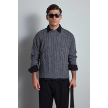 Abluka Online Erkek Relax Fit Örgü Desenli Triko Kazak Gri