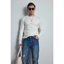 Erkek Regular Fit Bisiklet Yaka Kazak Ekru