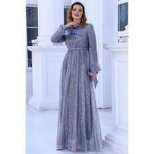 Merve Tesettür Abiye Gri
