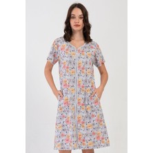 Kadın Gri Melanj Renk Kısa Kollu V Yaka Fermuarlı Cepli Rahat Kesim Ev Elbisesi C9T8N1804