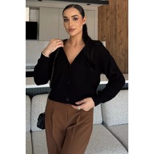 V Yaka Ön Düğmeli Kadın Örme Triko Hırka P-00008941