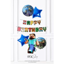 Minecraft Konsept Doğum Günü Seti Happy Bithday Banner ve 5li Balon Seti