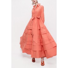 Şeftali Eteği Parça Detaylı Uzun Tafta Elbise 94160