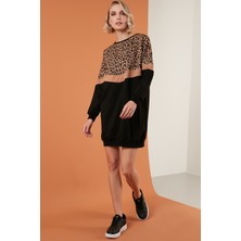 Lela Leopar Desenli Renk Bloklu Oversize Bisiklet Yaka Tunik Bayan Tunik 5863604