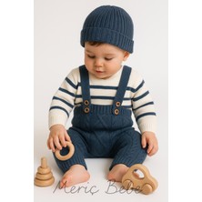 Erkek Bebek Çizgili Kazaklı Bereli Baklava Desenli Salopet Hediyelik 3lü Takım