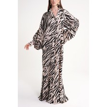 Zebra Desen Bol Kesim Dikiş ve Düğme Detaylı Uzun Elbise 94614