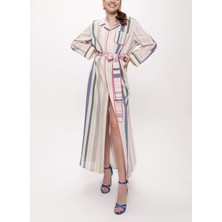 Çizgili Kontrast Biyeli ve Kemerli Gömlek Elbise 94108