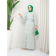 Piliseli Viscon Kumaş Çiçek Desenli Elbise- Yeşil