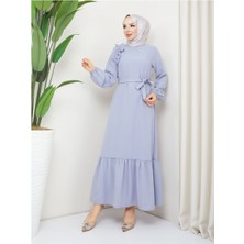 Krep Kumaş Omuz Fırfırlı Elbise Gri