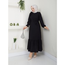 Krep Kumaş Omuz Fırfırlı Elbise Siyah