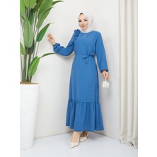 Krep Kumaş Omuz Fırfırlı Elbise Mavi