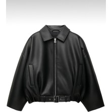 Kadın Oversize Bomber Suni Deri Ceket | Yeni Sezon Kemerli Biker Ceket