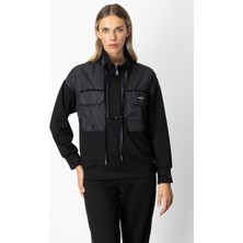 On Kadın Yakası Fermuarlı Mix Kumaş Eşofman Üstü 66324 Siyah