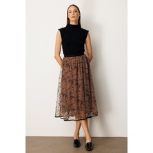 Ekol Kadın Kadife Desenli Tül Etek 2401 Kahverengi