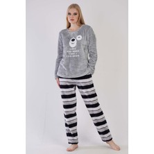 Kadın Gri Renk Welsoft Uzun Kollu Bisiklet Yaka Düz Paça Pijama Takımı C0T8N0403