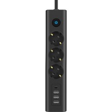 Termal Akım Korumalı Uzatma Kablo 3 Priz 3 USB 1 Type-C 3.4A, Prizli Kablo