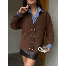 Kadın Kahve Gold Düğmeli Hırka Peluş Dokulu 114