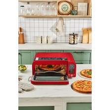 Retro Tarzda Çok Fonksiyonlu Pizza ve Airfryer, Parlak Kırmızı Renkli, Şık Tasarım