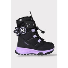 Kız Çocuk Su Itici Cırtlı Akıllıı Bağcıklı Kürklü Kar Botu Siyah - Lila