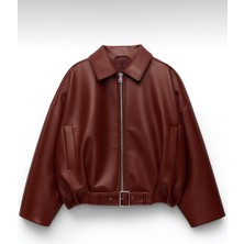 Kadın Oversize Bomber Suni Deri Ceket | Yeni Sezon Kemerli Biker Ceket