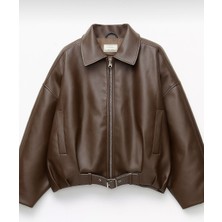 Kadın Oversize Bomber Suni Deri Ceket | Yeni Sezon Kemerli Biker Ceket