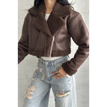 Kadın Içi Kürklü Suni Deri Mont - Crop Biker Deri Ceket
