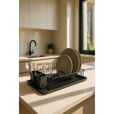 Siyah Metal Tezgah Üstü Bulaşıklık ve Kurutmalık, Tepsili ve Kaşıklıklı, Tek Katlı