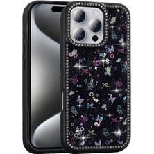 Iphone 14 Pro Max Uyumlu Kılıf Taşlı ve Simli Çerçeveli Fiyonk Desenli Işıltılı Pırlanta Kapak