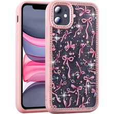 Iphone 11 Uyumlu Kılıf Taşlı ve Simli Çerçeveli Fiyonk Desenli Işıltılı Pırlanta Kapak