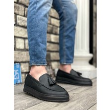 ET0154  Bağcıksız Yüksek Taban Cilt Siyah Renk Püsküllü Erkek Ayakkabı