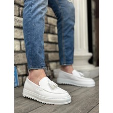 ET0154  Bağcıksız Yüksek Taban Cilt Beyaz Renk Püsküllü Erkek Ayakkabı