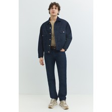 Rahat Fit Klasik Piliseli Koyu Indigo Erkek Jean Ceket