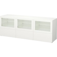 Tv Sehpası, Beyaz-Şeffaf Cam, 180X40X64 Cm, Lappvıken/sındvık, Fren Raylı