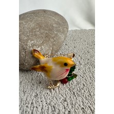 Altın Rengi Yaprak Kiraz Detay Kuş Broş (3cm)