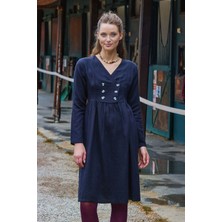 V Yaka Düğme Detaylı Fermuar Kapamalı Uzun Kollu Elbise