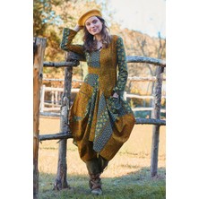 Asimetrik V Yaka Beli Bağlamalı Uzun Kollu Elbise