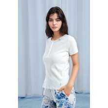 Kadın Beyaz Kısa Kol Desenli Viskon Pijama Takımı Q9P0K8C1K