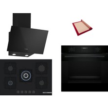 Bosch Siyah 3 Lü Ankastre Set 384 ( HUA717BA0T - PNQ7B6P30O - DWK63PJ60T(61T)  ) 75CM Wok Bek Ocak - Buhar Destekli - Pişirme Matı ile