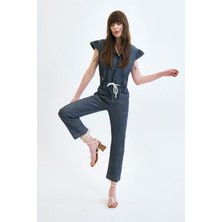 Slim Fit Çıtçıtlı Kordonlu Koyu Indigo Chambray Kadın Tulum